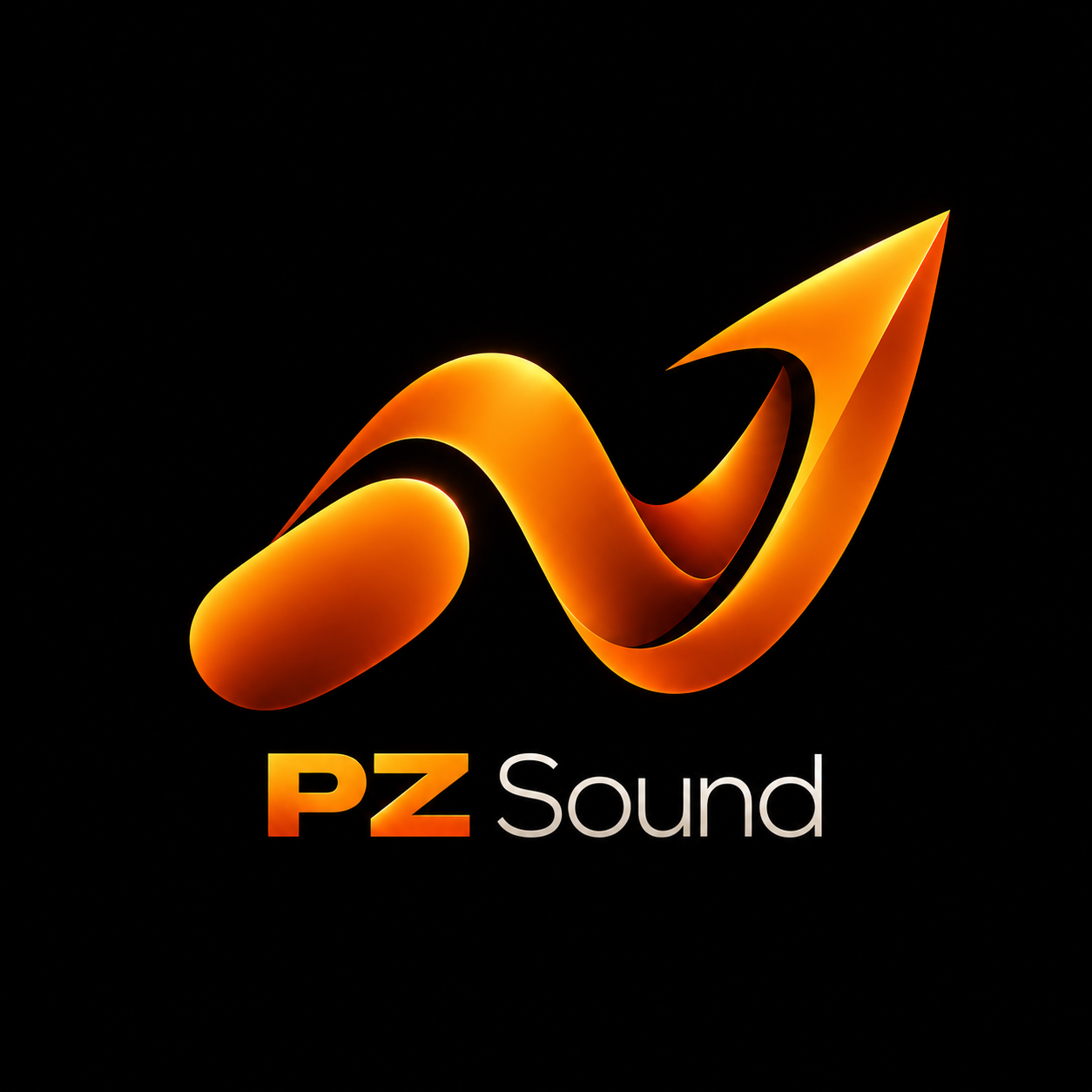 PZ Sound: fita laranja fluida formando uma seta ascendente sobre fundo preto.